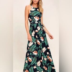 Lulus Navy Floral Maxi with Flower and Leaf Motif
